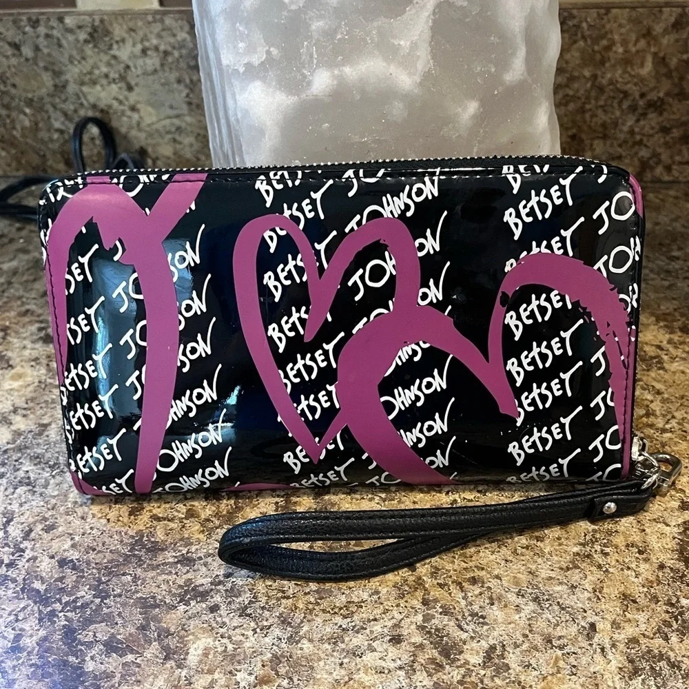 Betsey Johnson Black and Pink Wristlet with Heart Design